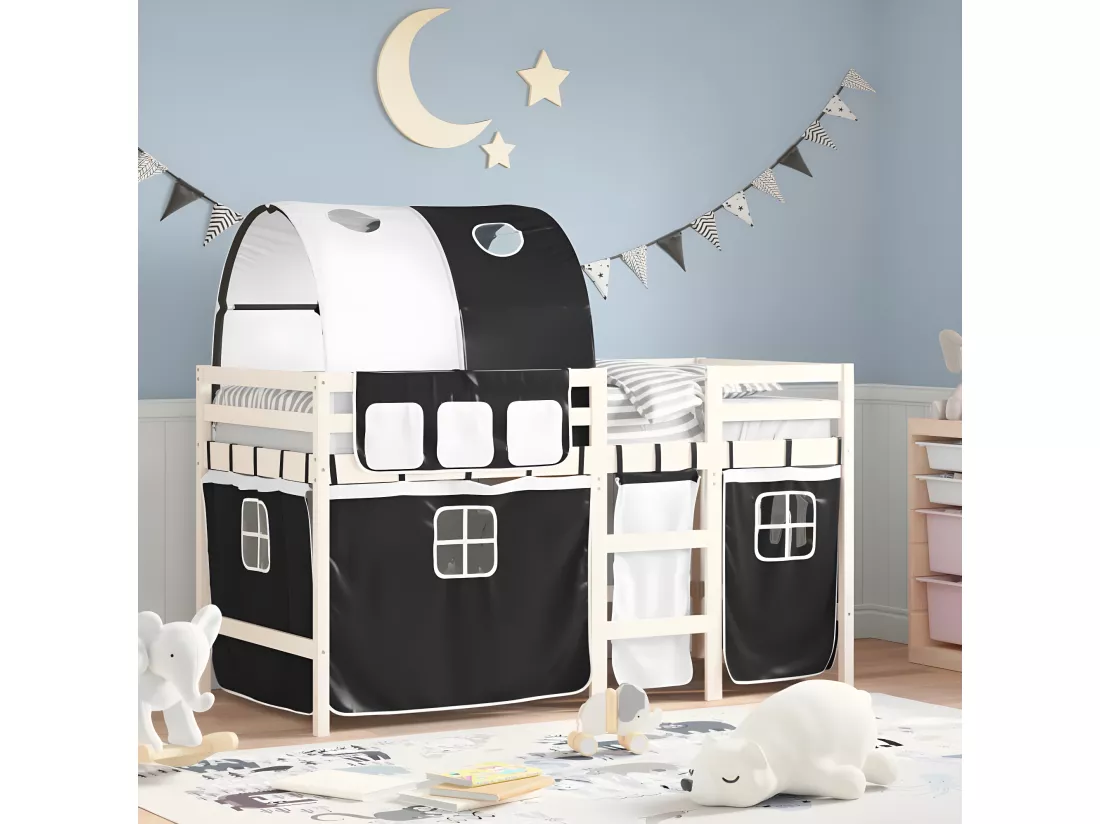 Lit mezzanine enfants et tunnel blanc/noir 80x200cm pin massif