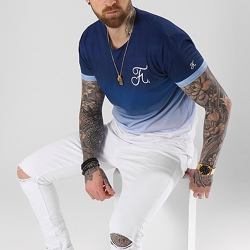 Tee Shirt Oversize Dégradé Avec Broderie 015 Bleu Et Blanc