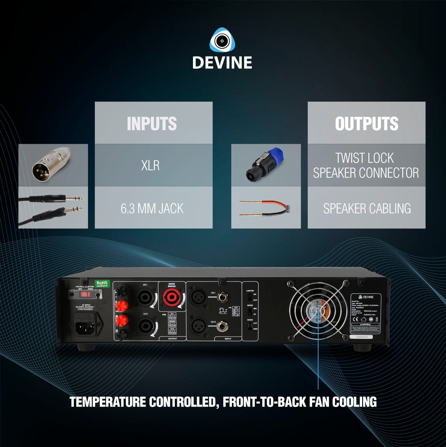 Devine MX-200 2-kanaals PA-eindversterker 2x 100W @ 8 Ohm
