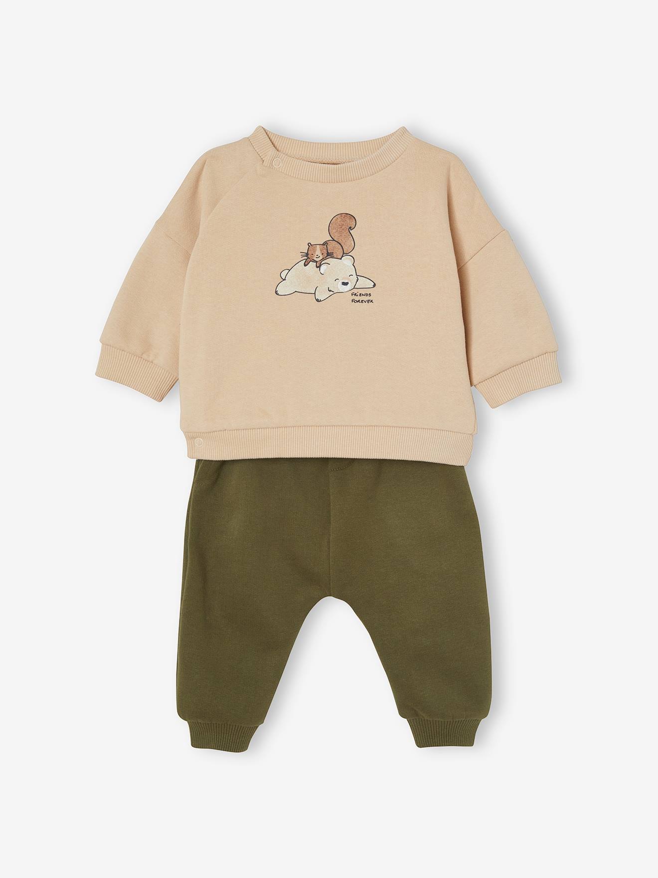 Conjunto de moletom e calça de fleece para bebê, verde escuro liso com estampas.