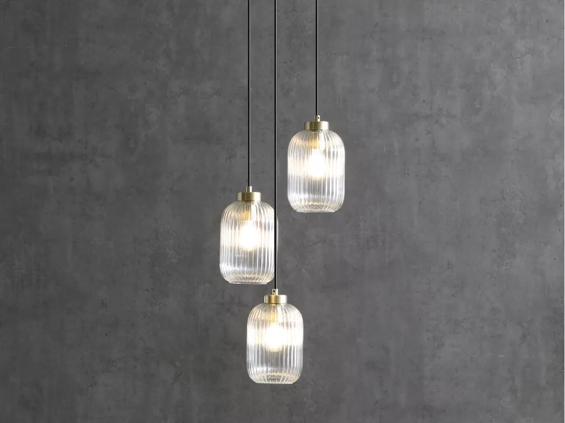 Lustre vintage en métal et verre - 3 globes - L. 30 x H. 120 cm - Doré - LOUXOR