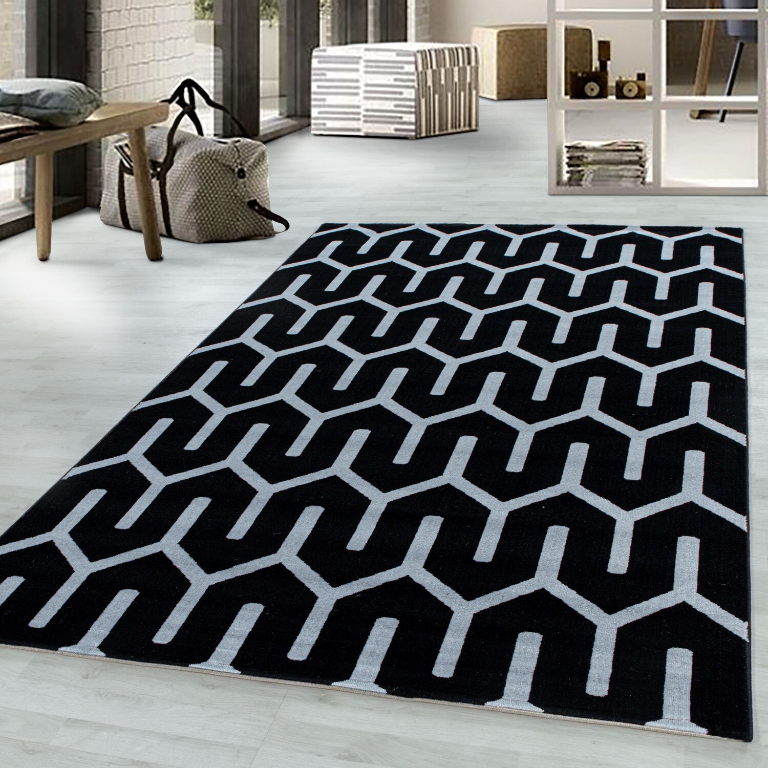 Moderner Kurzflor-Teppich im Rauten-Design Pflegeleicht ideal für das Wohnzimmer