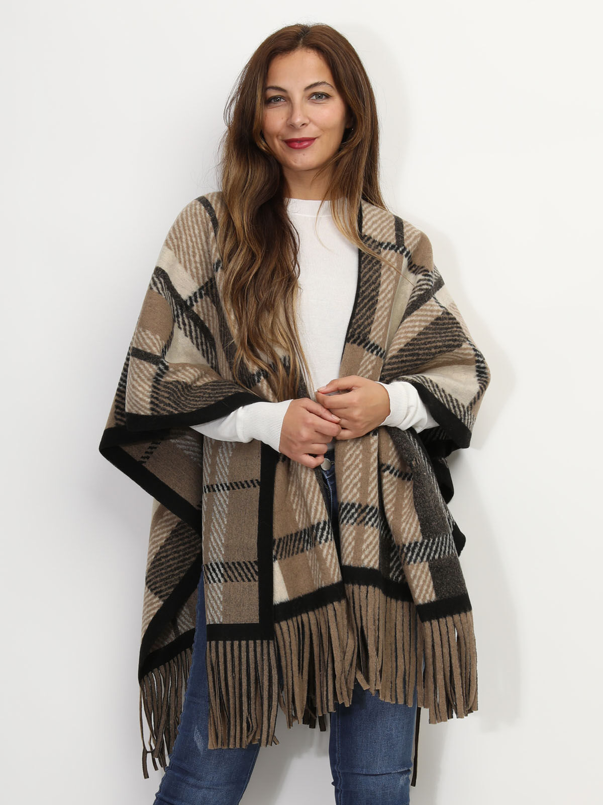 Poncho à franges motif tartan- Taupe