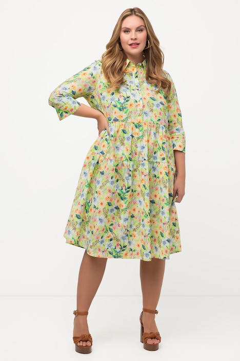 Hemdblusenkleid, Blüten, A-Linie, Hemdkragen, 3/4-Arm
