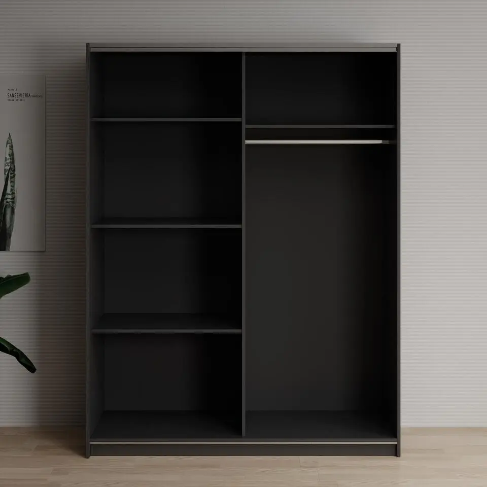 Meubella - Kledingkast Deliryon - Zwart - 150 cm - Met spiegel