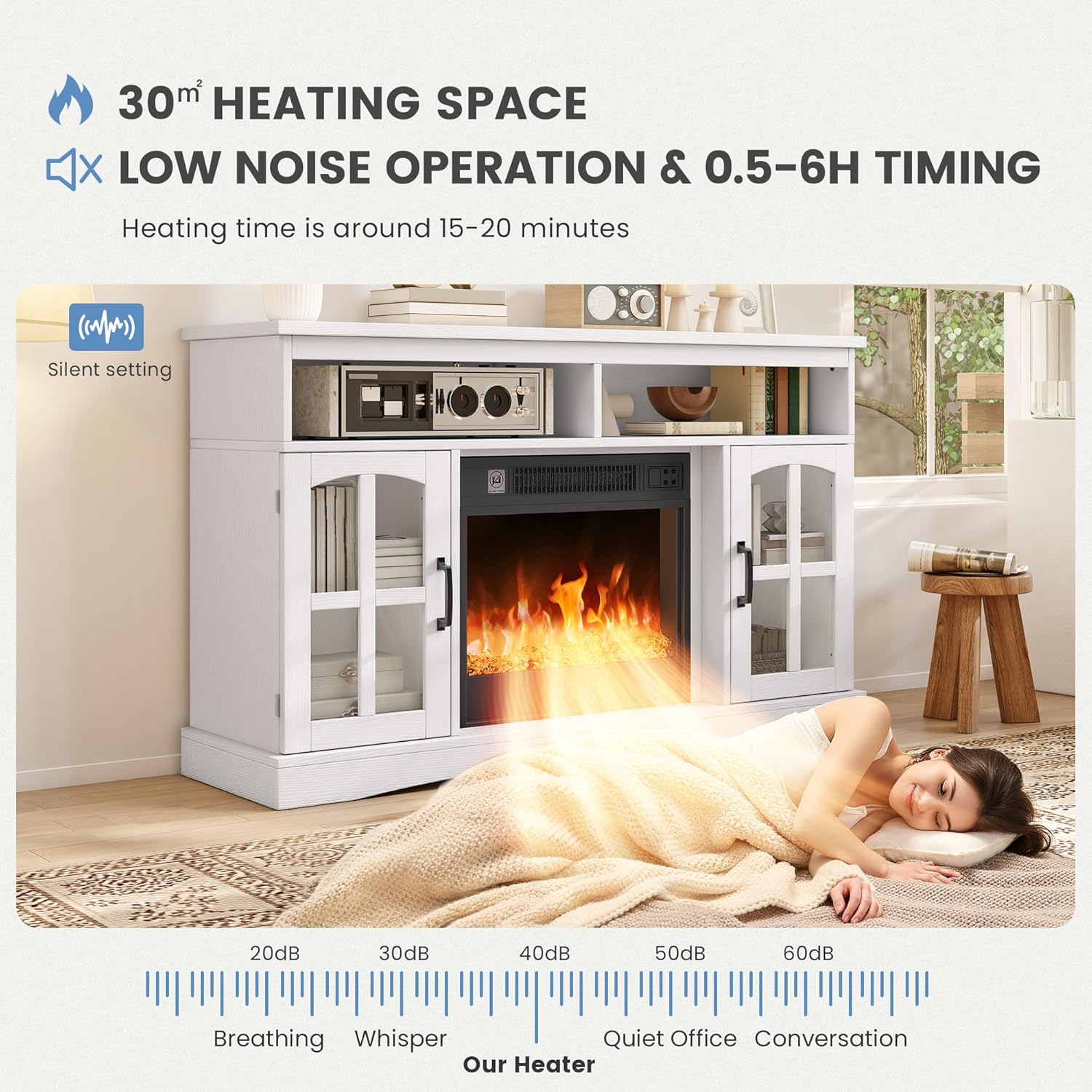 TAUS elektrokamin, elektrischer Kamin, Electric Fireplace für das Wohnzimmer mit flammeneffekt, Einstellbarer Flamme, 1-8 Stunden Timer, Überhitzungsschutz, Heizfunktion & Fernbedienung
