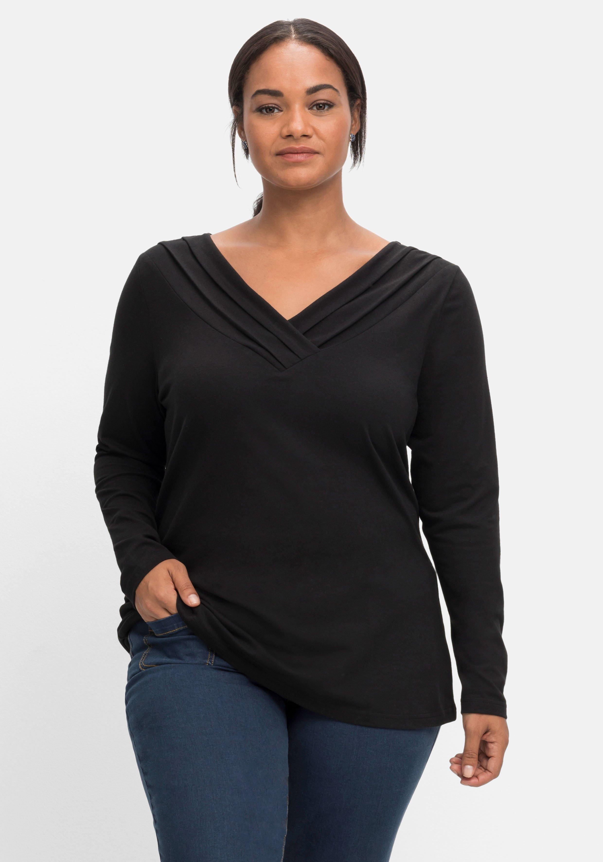 Langarmshirt mit Zierfalten am V-Ausschnitt, A-Linie