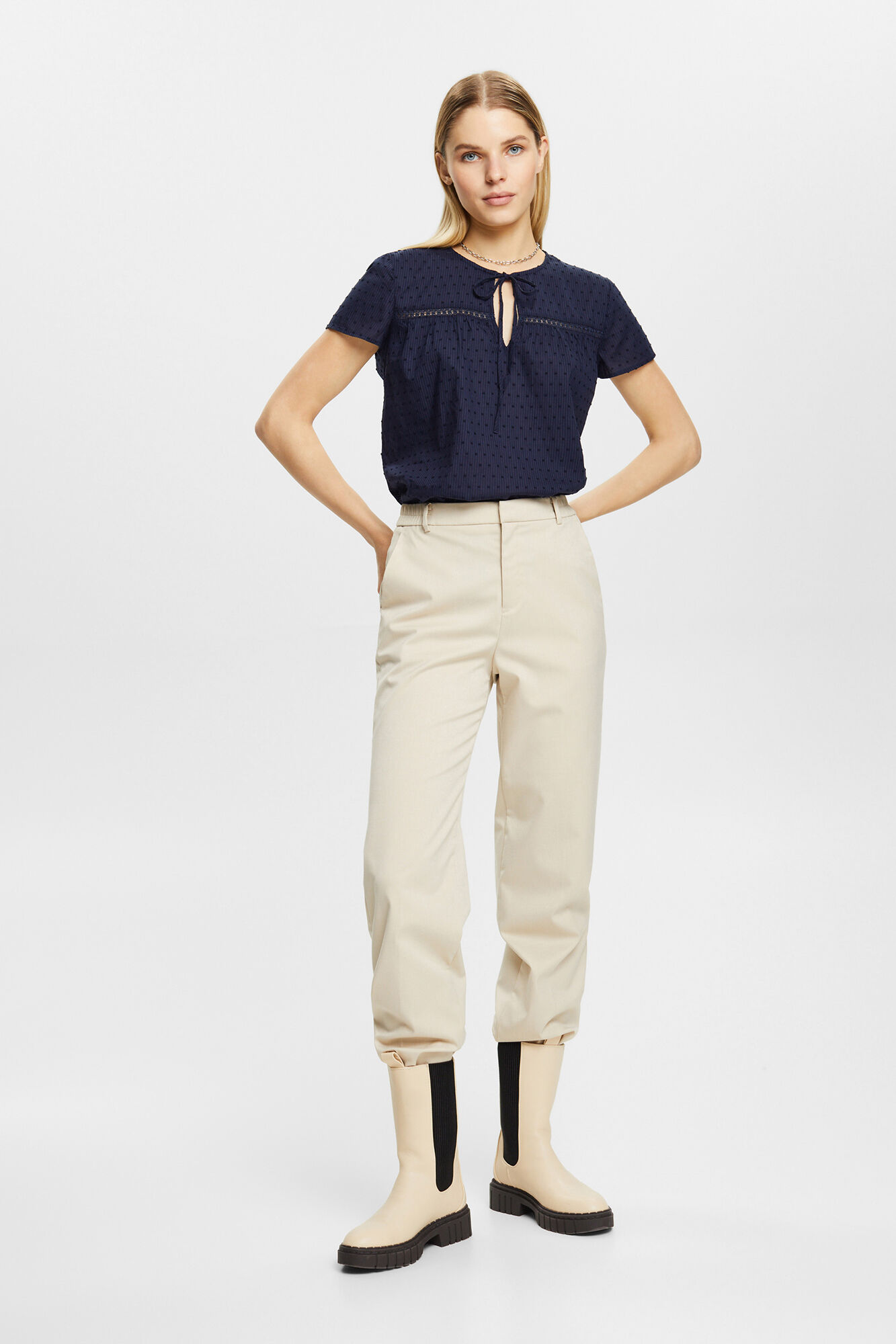 Blusa folgada de algodão com amarração - Azul marinho
