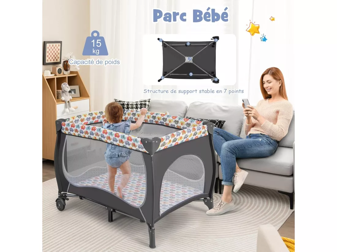 5 en 1 Lit Parapluie Bébé avec Matelas & Moustiquaire, Lit Bébé Evolutif avec Table à Langer, 3 Jouets Mignons & Boîte à Musique, Sac de Transport, Charge 9kg pour 0-36 Mois, Coloré