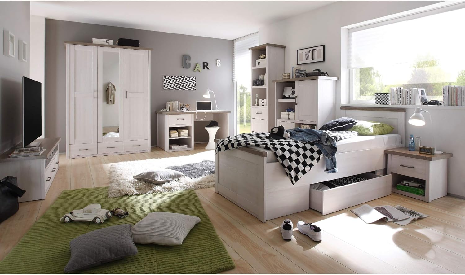 Stella Trading Stilvolles Einzelbett 90 x 200 cm mit Bettkasten - Komfortables Landhausstil Jugendzimmer Bett in Pinie Weiß / Trüffel - 96 x 90 x 205 cm (B/H/T)