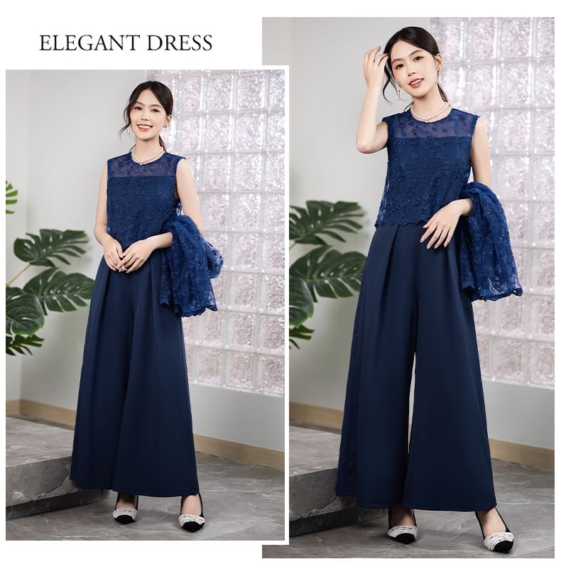 Wonhi - Set: Top met lange mouwen en kant + Mouwloze jumpsuit met wijde pijpen
