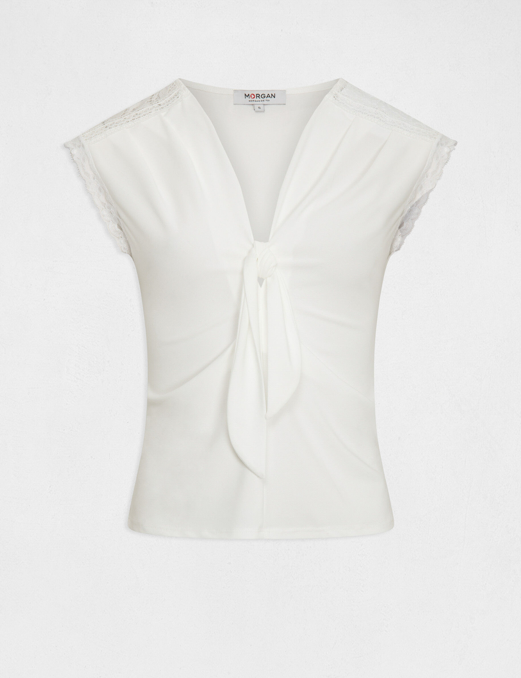 T-shirt manches courtes avec noeud ecru femme - ecru