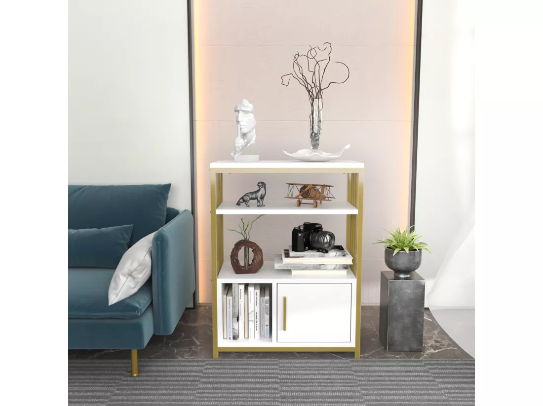Bibliothèque Letos avec le cadre en métal et armoire, design stylistique (Blanc et Doré)