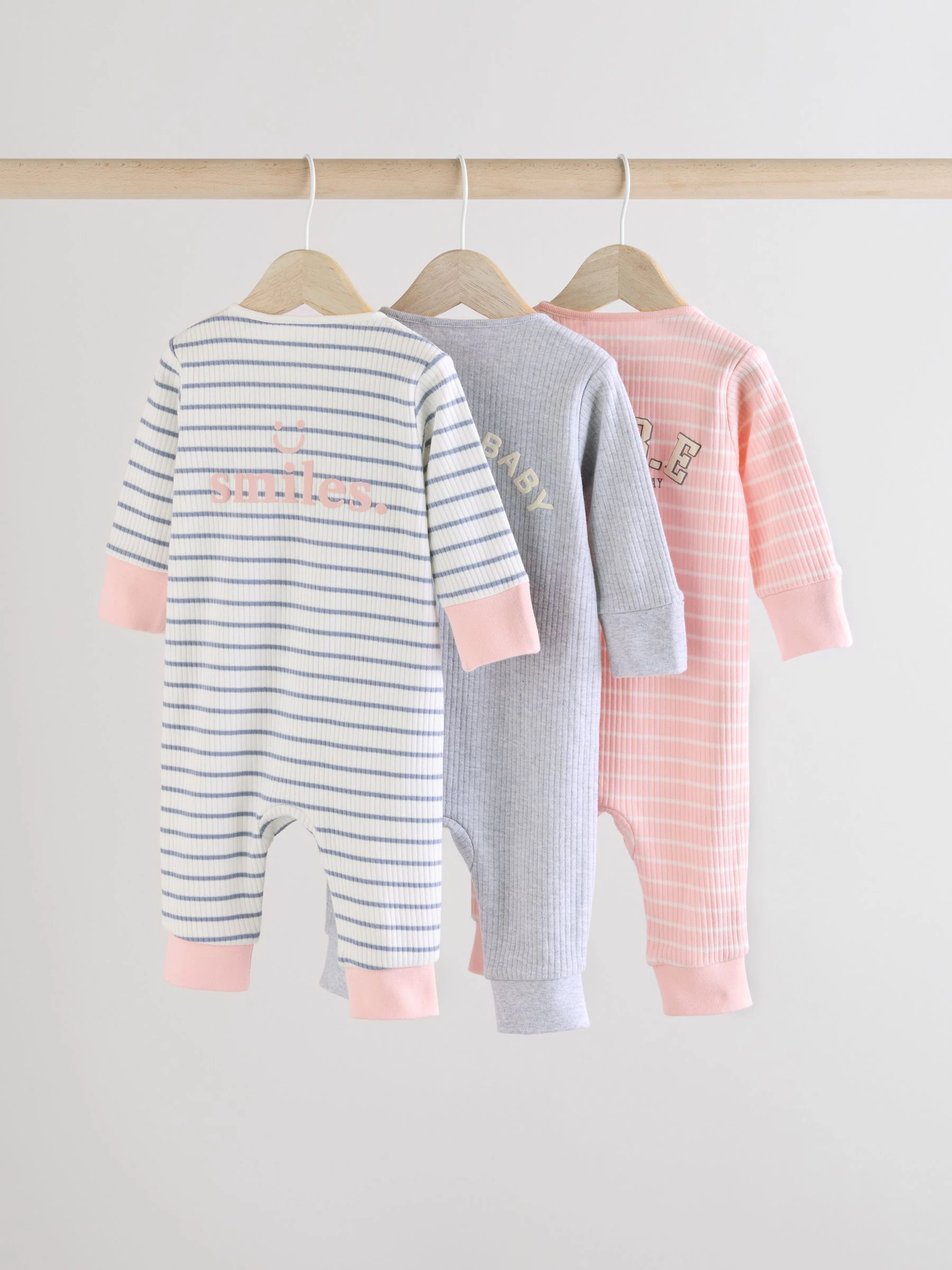 Roze/grijs - 3 Pack Baby-pyjama's met tweewegrits (0mnd -3jr)
