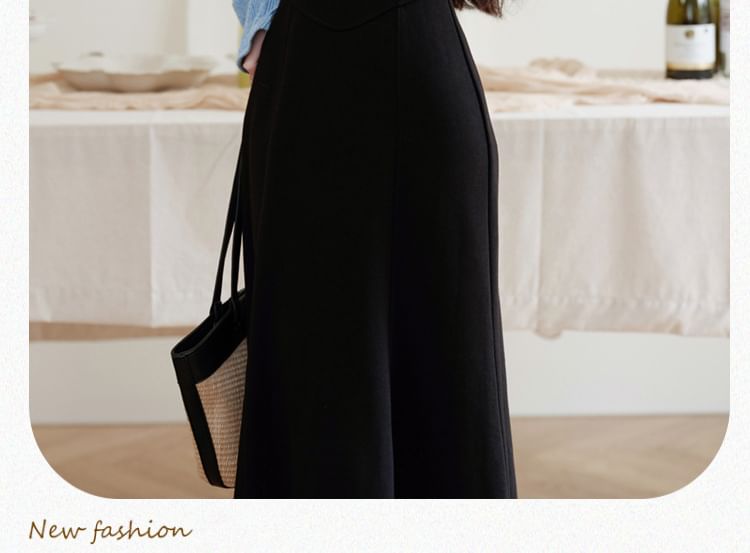 Cocaliso - Mock Two-Piece Long-Sleeve Collar Two Tone Midi A-Line Dress