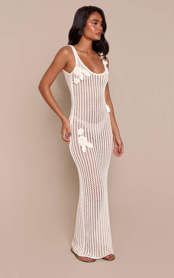 Crème Robe Maxi Tricotée À Décolleté Plongeant Avec Appliques Florales