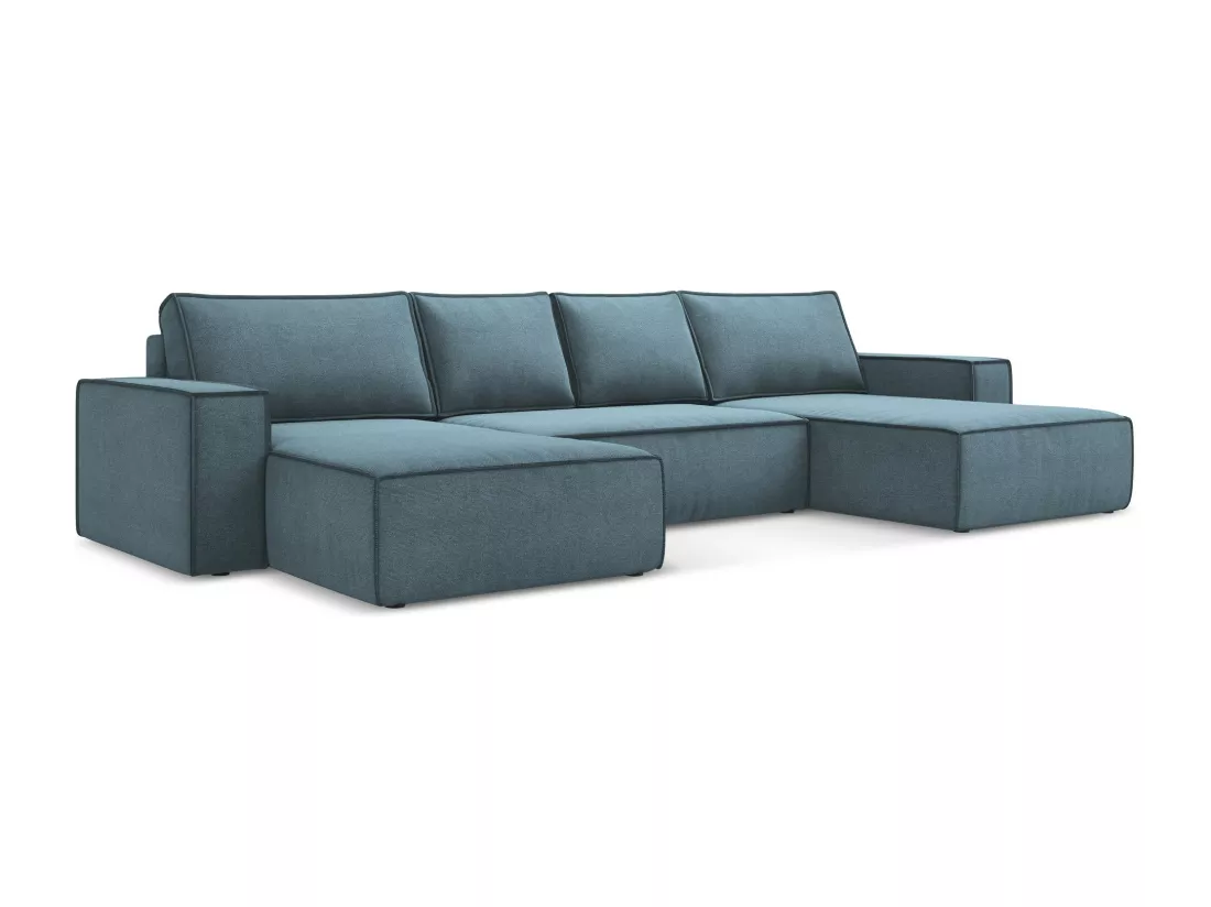 Canapé d'angle panoramique convertible en tissu texturé - bleu clair - KIMO