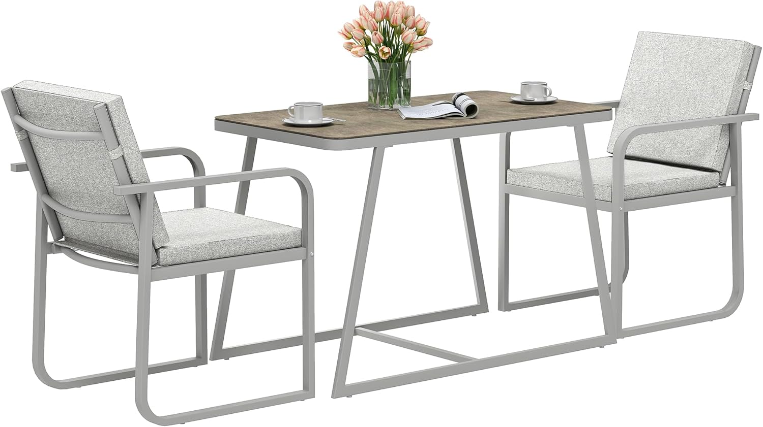 Outsunny Sitzgruppe 3-teilig Essgruppe Glastisch für 2 Personen mit 2 Stühlen Sitzkissen Küchentisch-Set mit Esstisch Esszimmergruppe Gartenmöbel Balkonmöbel für Esszimmer, Terrasse Balkon Hellgrau