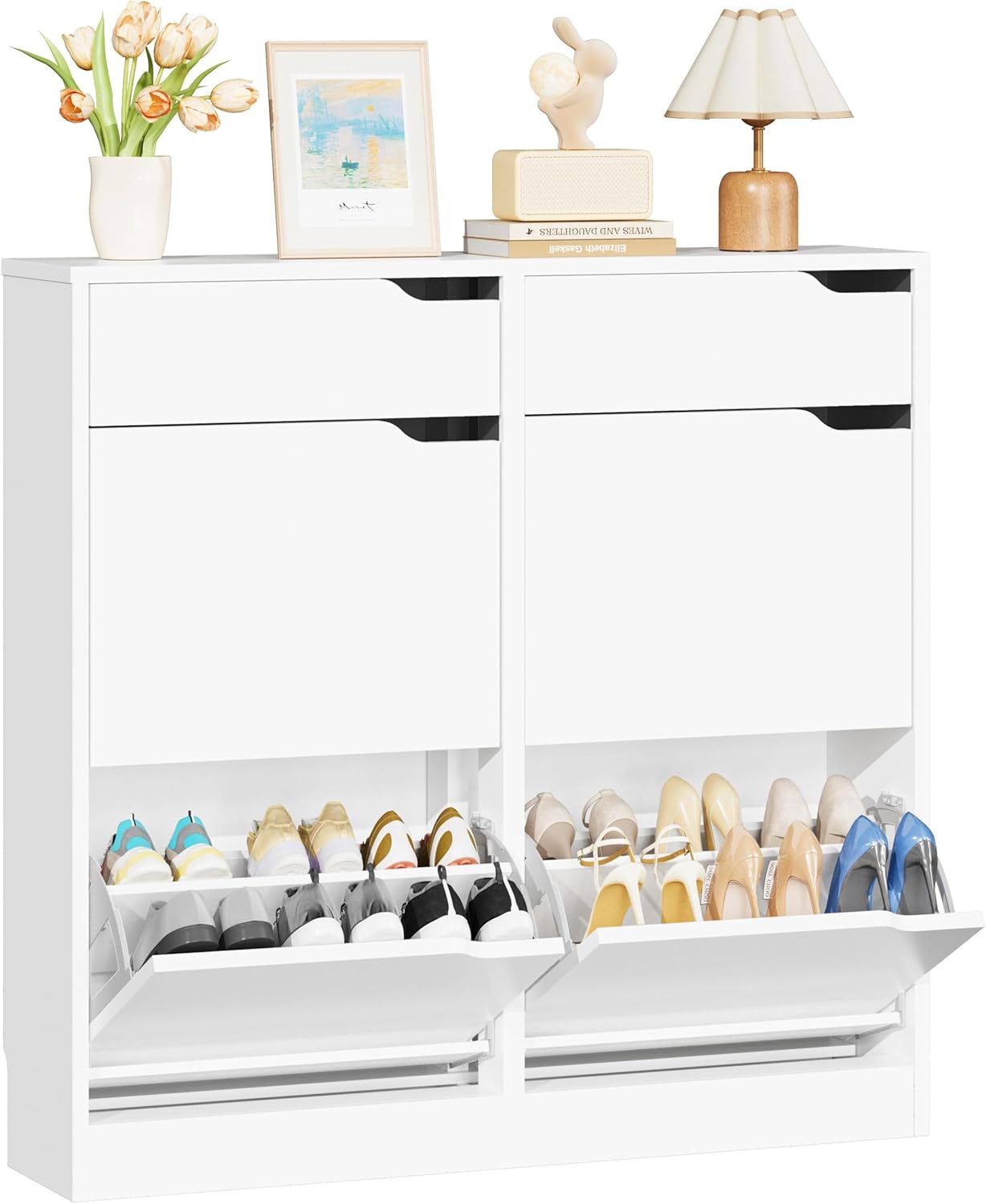 IRONCK Schuhschrank mit 4 Klappen, Schuhkipper Schmal mit 2 Schubladen, freistehendes Schuhregal, Schuhkommode mit verstellbaren Trennwände, Schuhablage Schrank für Flur Eingang und Wohnzimmer (Weiß)
