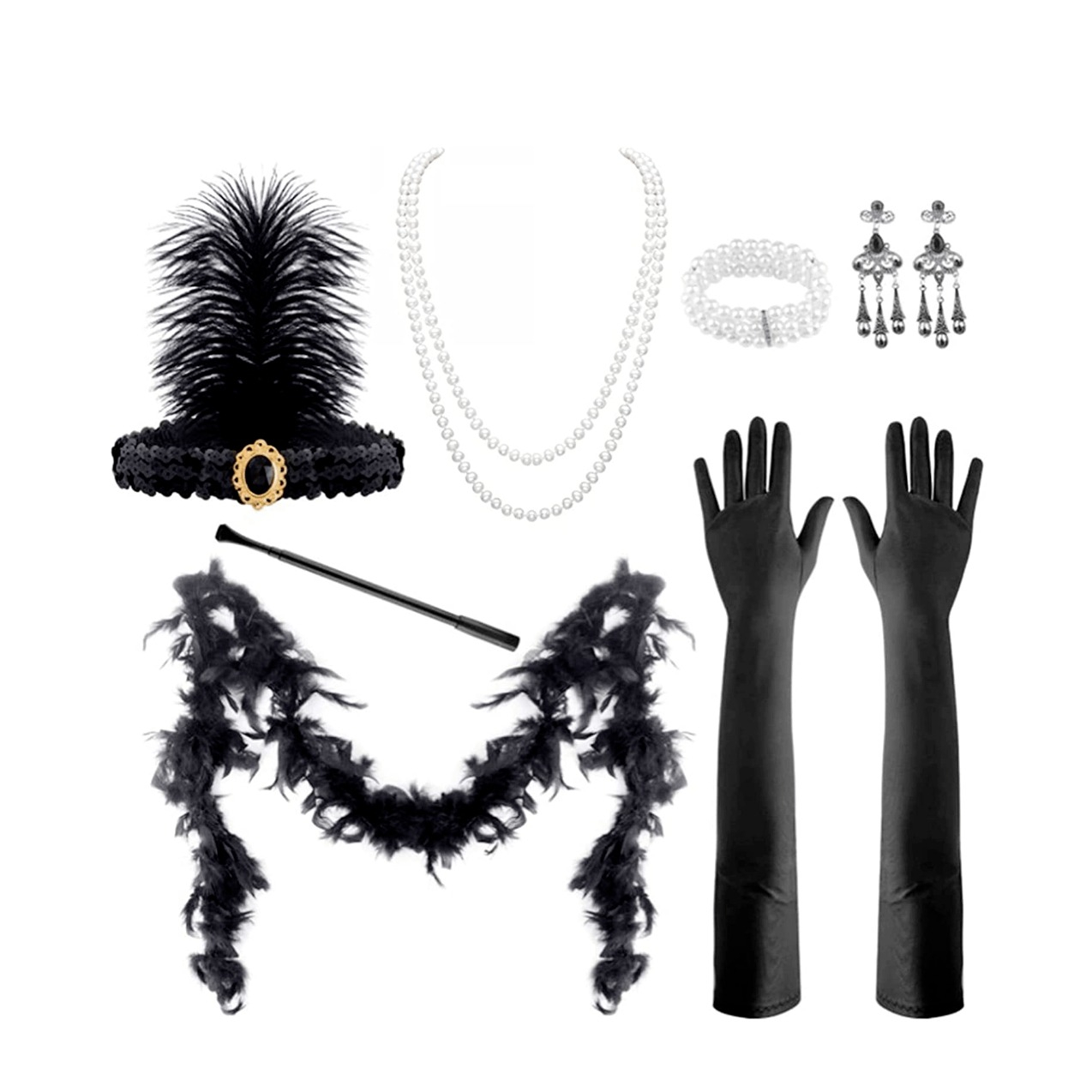 (7-tlg. Set) Fasnachts Kostüm 20er Jahre Verkleidung für Motto Partys / Halloween inkl. Schmuck / Handschuhe / Haarband / Feder Boa - Schwarz