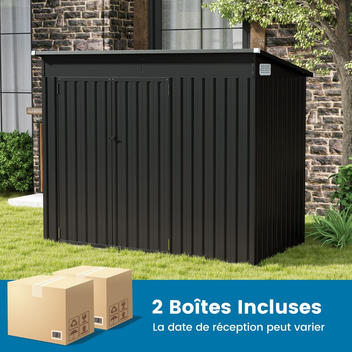 Abri de Jardin Extérieur Abri à Outils de Jardin avec 2 Portes Design Incliné Aérations Cadre en Métal Galvanisé 235x117x185cm Gris Foncé - Lidl-Manfred