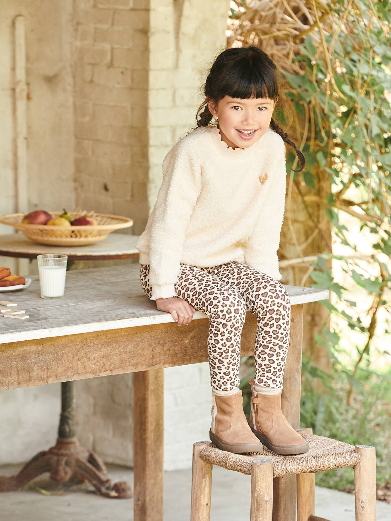 Calças legging verdes estampadas com forro de lã para meninas
