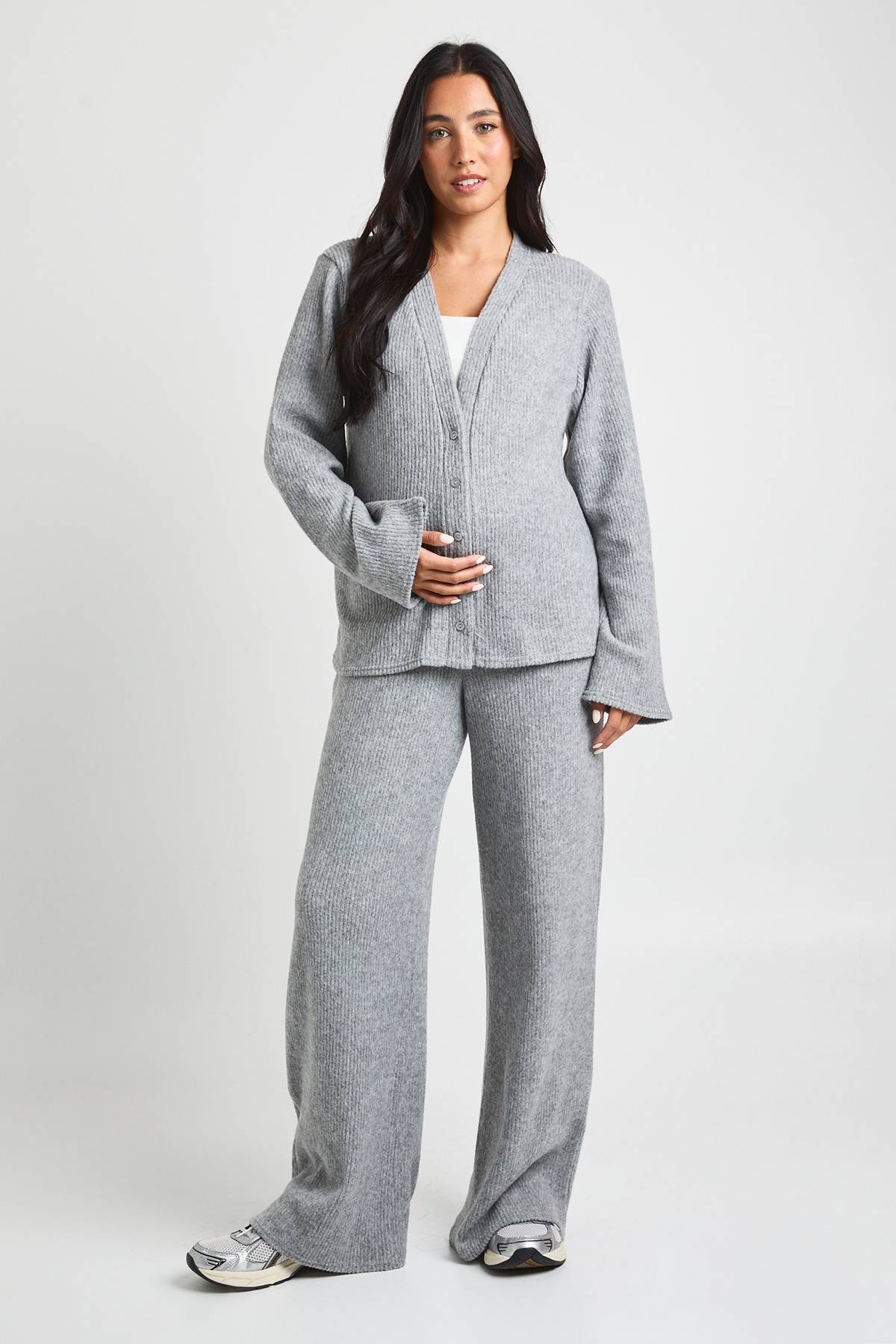 boohoo Cardigan ample à côtes douces pour maternité & Pantalon à jambes larges