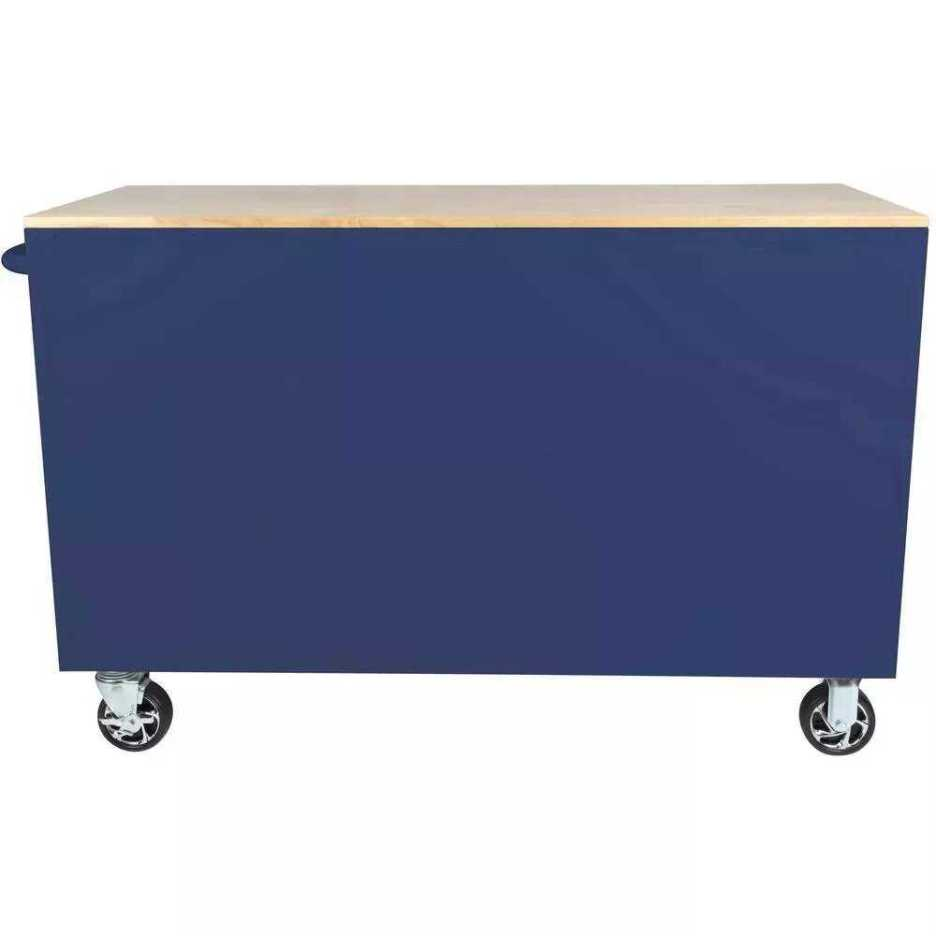 Bancada de trabalho móvel com caixa de ferramentas profunda de 56 polegadas (142 cm) de largura, 5 gavetas e 1 porta, azul brilhante, tampo de madeira maciça.