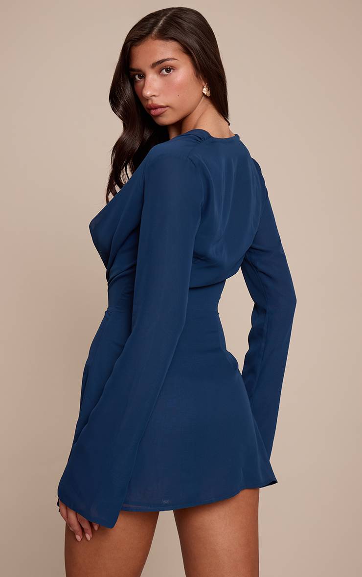 Bleu Marine Robe Droite En Mousseline Col Bénitier Manches Évasées