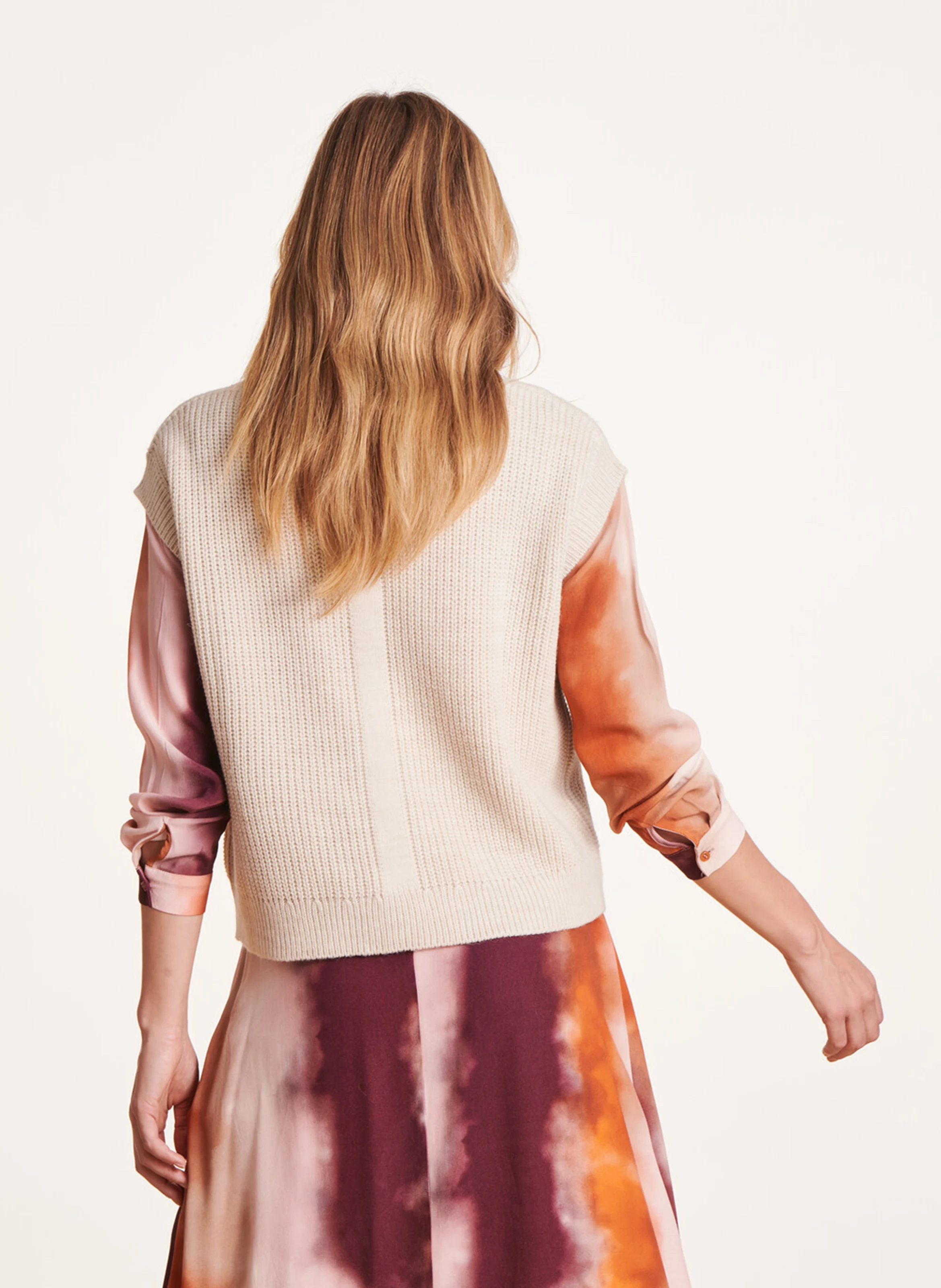 Pull sans manches col V en maille mélangée | Blanc