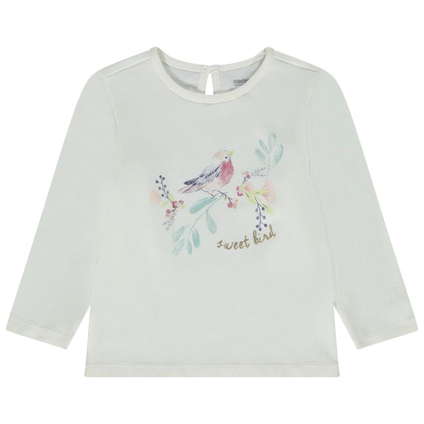 T-shirt manches longues print oiseau pour fille - Ecru