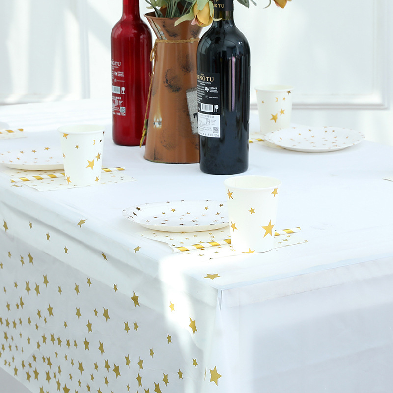 (271x137cm) Deko Folien Tischdecke Party Dekoration Tisch Tuch Sterne Design - Weiss / Gold