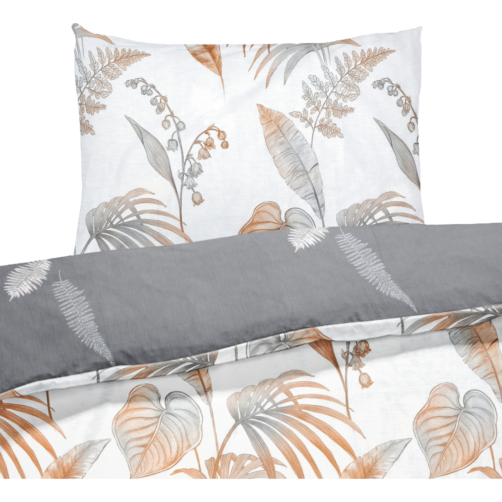 Bettwäsche Satin Twill Pflanzen weiss grau