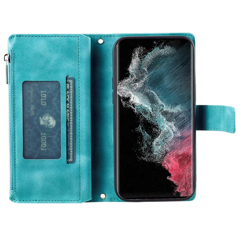 Samsung Galaxy S23 Ultra 5G Leder Tasche Flip Cover mit Reissverschluss - Mandala Flowers Imprint - Türkis