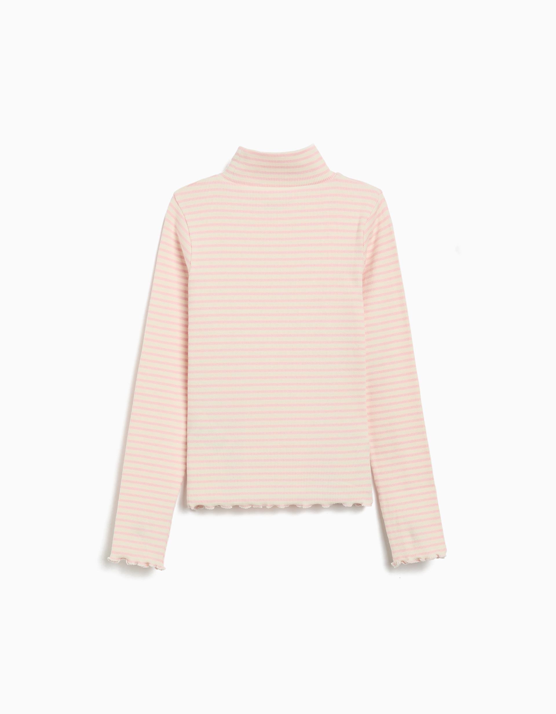 Camisola Riscas com Gola Alta, Menina, Rosa Claro