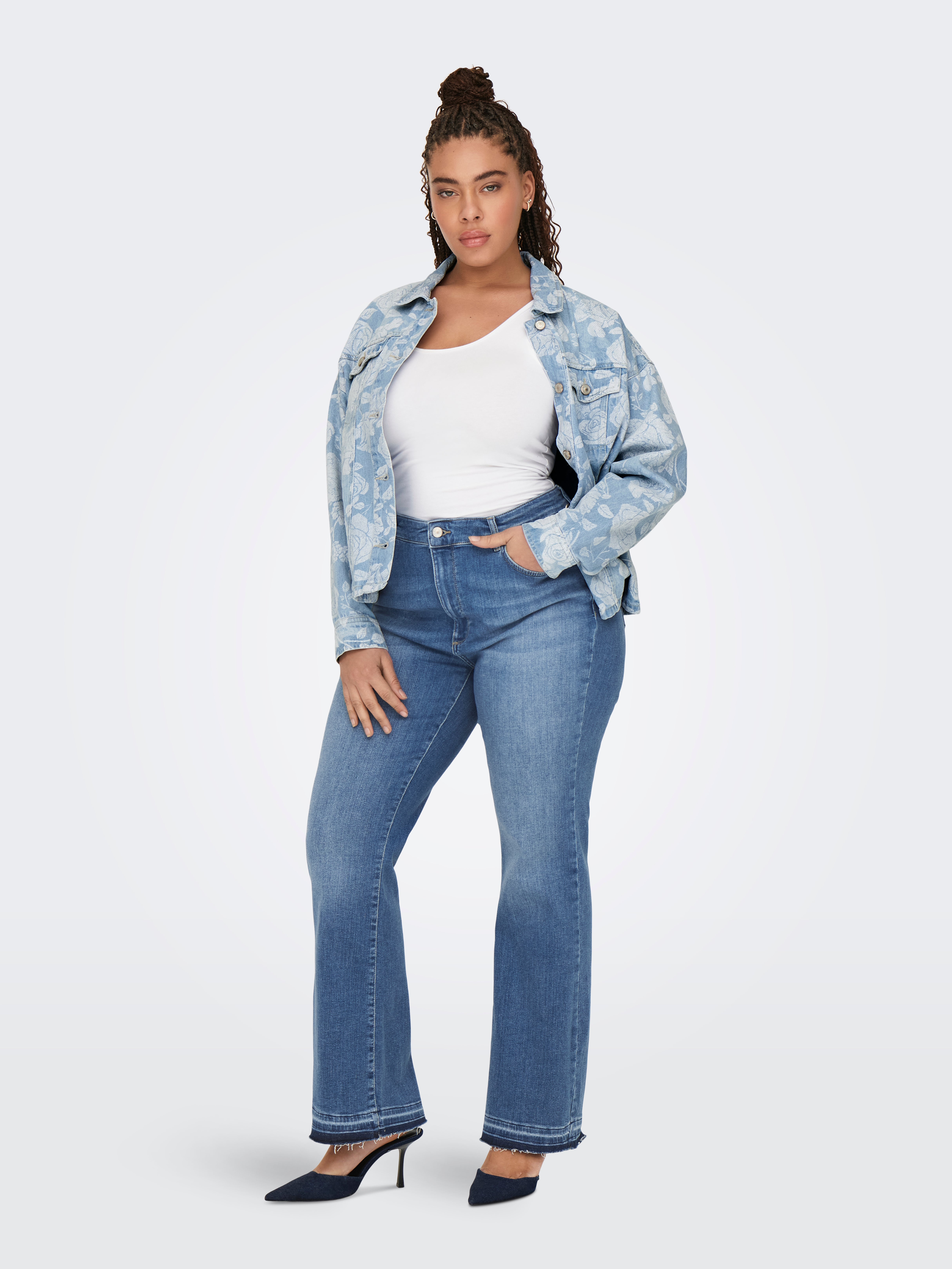 CARINDIA Hohe Taille Ausgestellt Jeans Medium Blue Denim