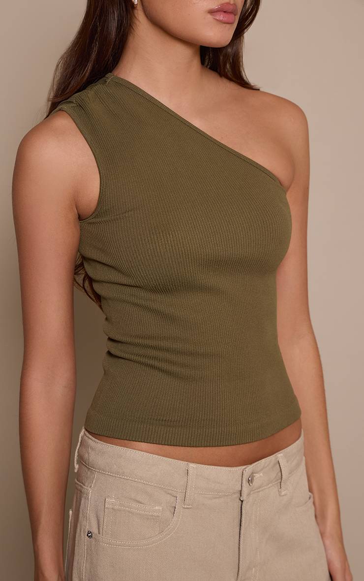 Vert Olive Top Long Asymétrique Côtelé Moulant Couleur Crème