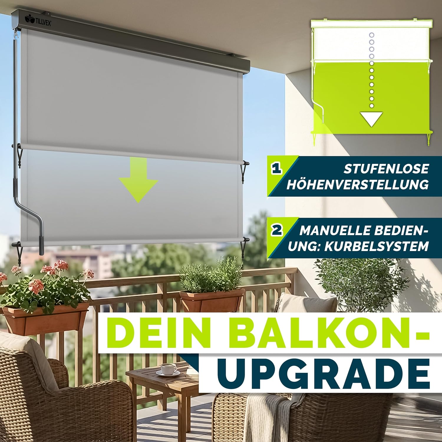 tillvex® Senkrechtmarkise 200 x 250 cm für Außen- und Innenbereich | Außenrollo wasserfest mit Handkurbel für Balkon, Terrasse & Garten | Balkonrollo Sonnenschutz aus Aluminium | Rollo Sichtschutz