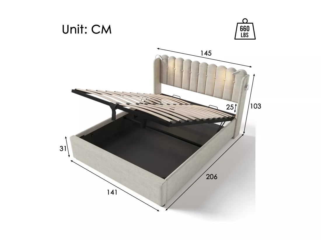 Lit coffre capitonné avec LED et Ports de charge USB - 140x200cm - tissu en lin - avec sommier à lattes - Beige