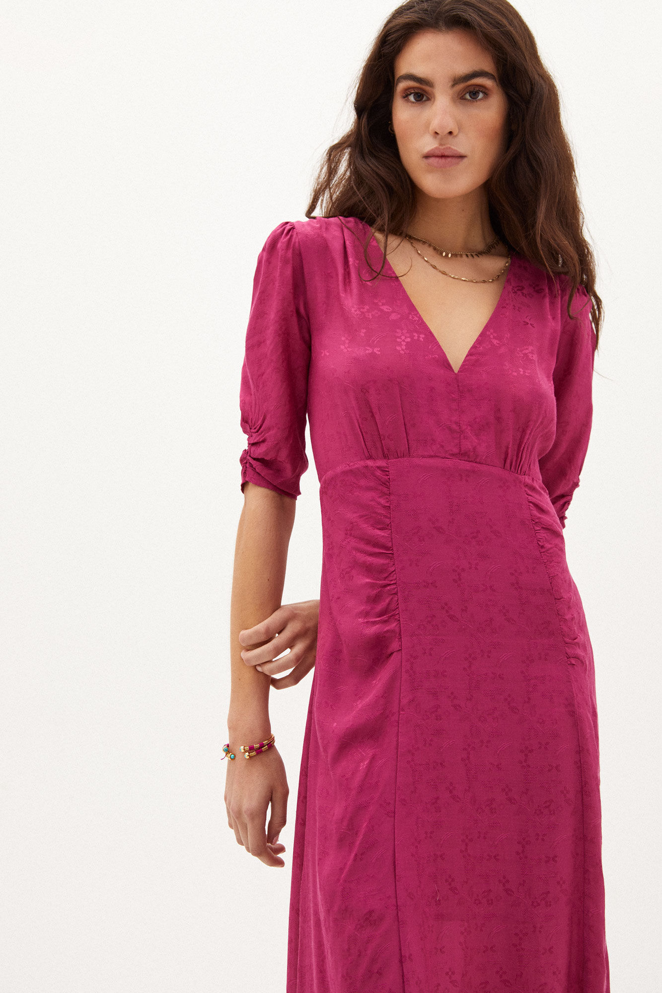Vestido midi Paula Jacquard - Rosa