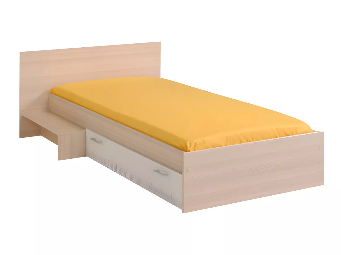 Lit enfant 90 x 190 cm avec 1 tiroir - Coloris : Naturel et blanc + sommier + matelas - IPLIA