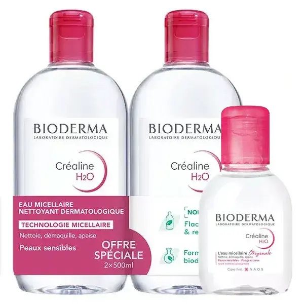 Água Micelar de Limpeza Bioderma Créaline H2O, Pacote com 2 frascos de 500ml + 1 frasco de viagem de 100ml