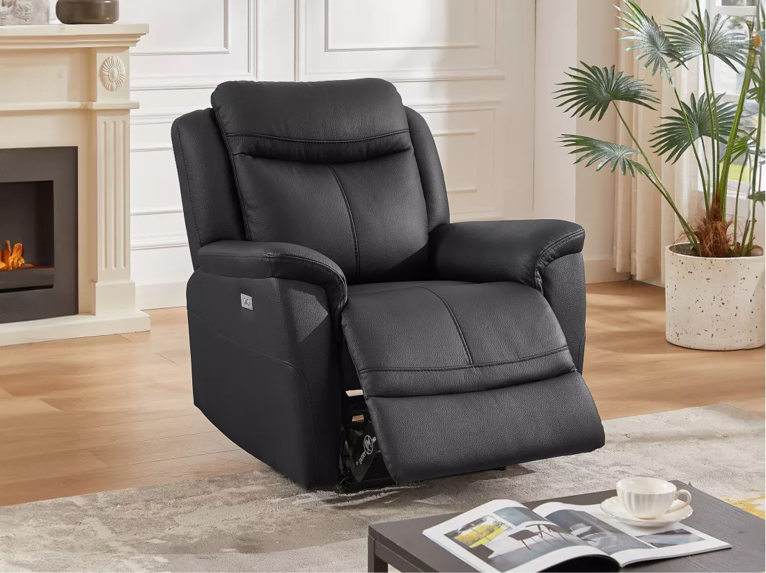 Fauteuil relax électrique en cuir de vachette noir NOMAJO