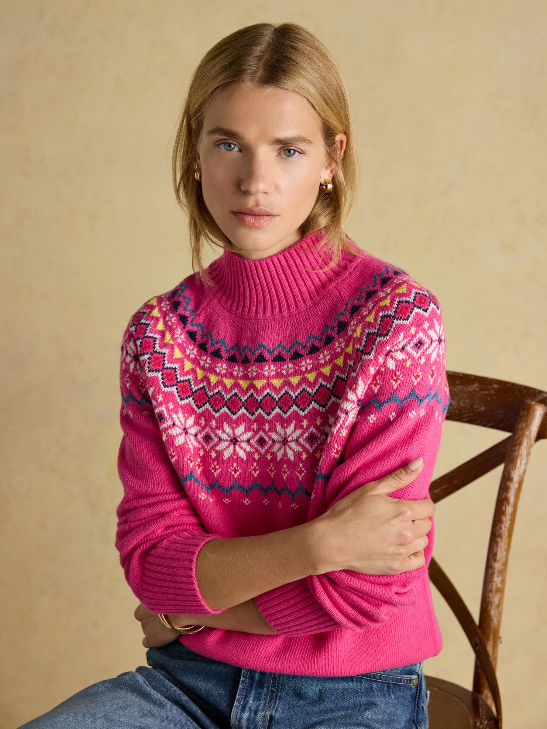 Roze - Joules Alba Fair Isle High Neck Cotton-Blend Jumper