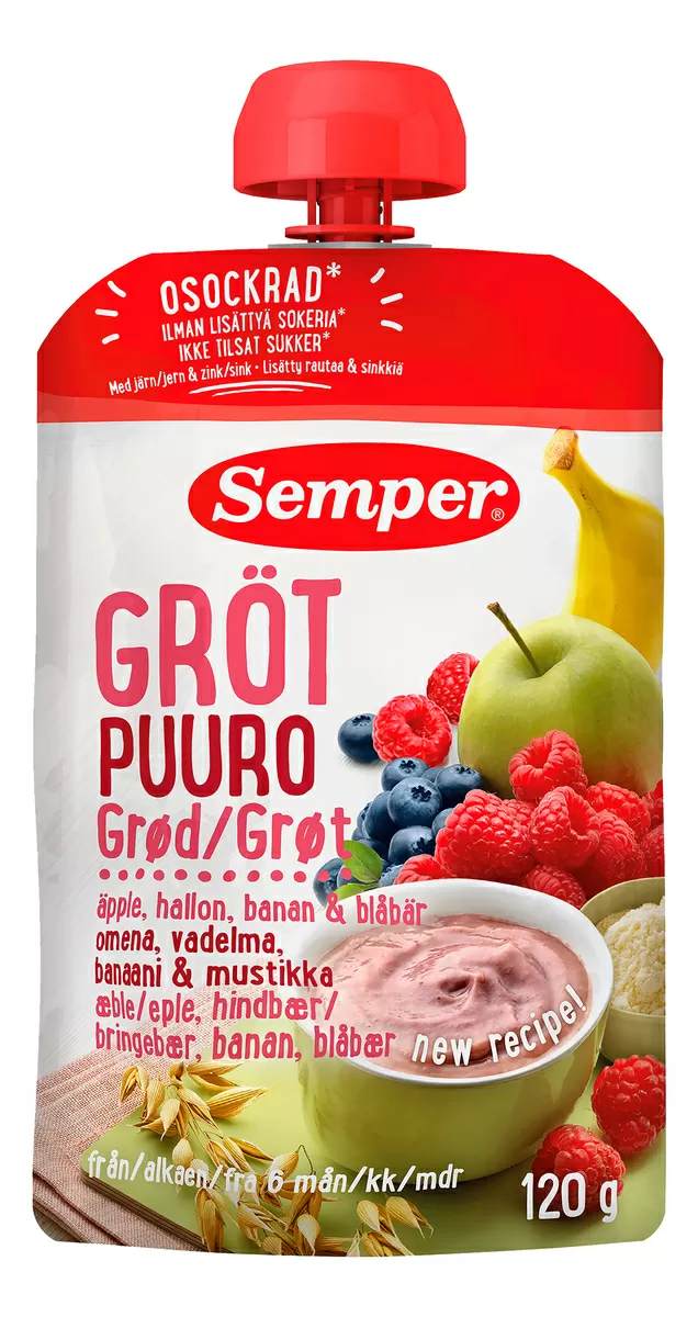 Semper Frugtgrød m. Æble, Hindbær, Banan & Blåbær 6 mdr. - 120 g.