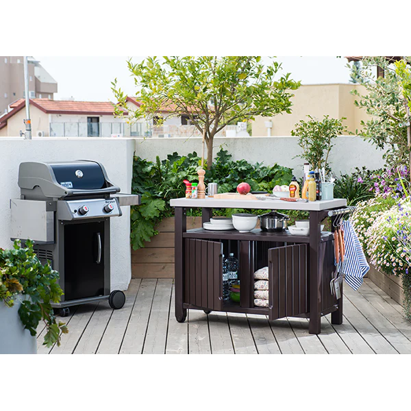 Desserte de jardin en résine et plateau inox 2 portes