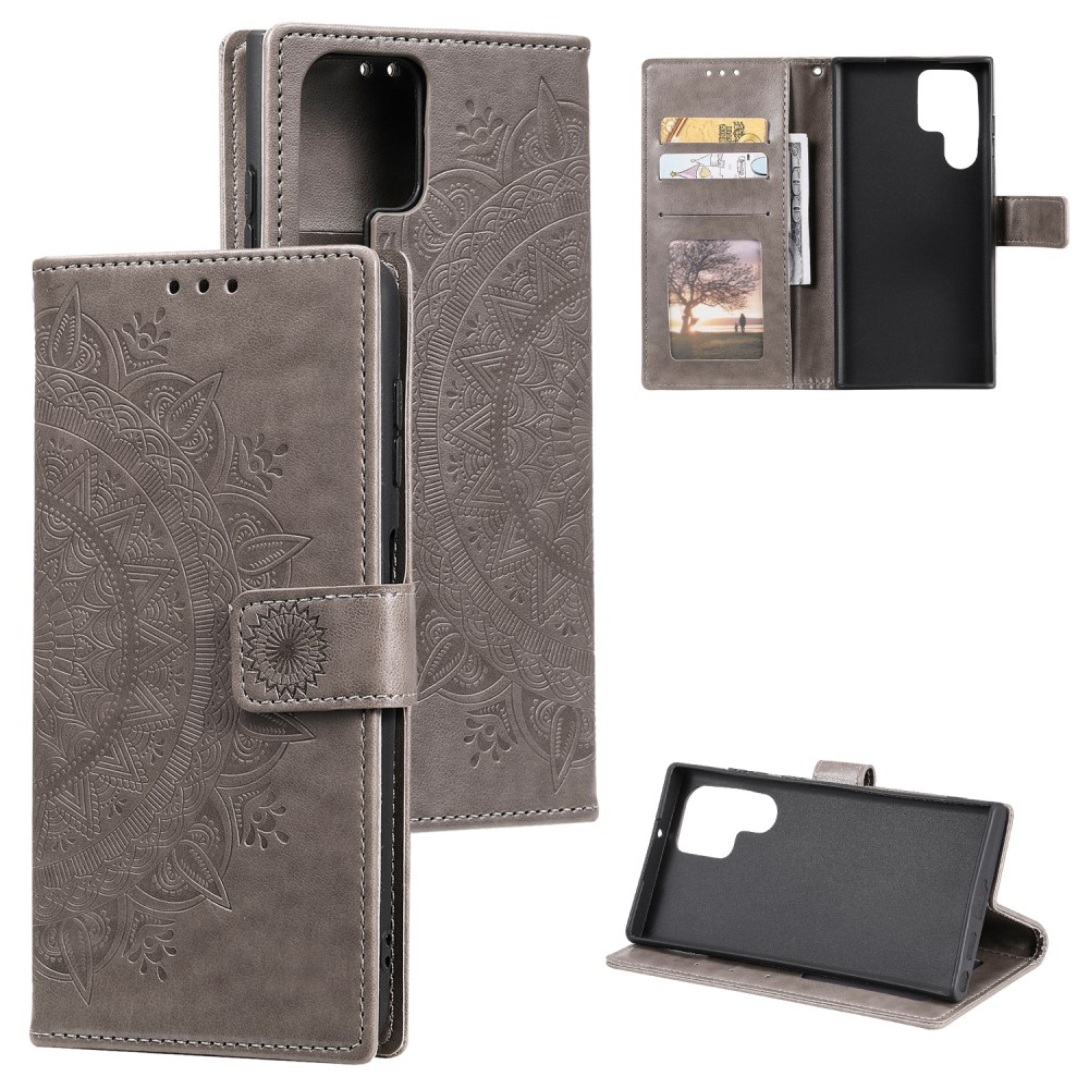Samsung Galaxy S24 Ultra Leder Tasche Wallet - Mandala Flowers Imprint - Grau