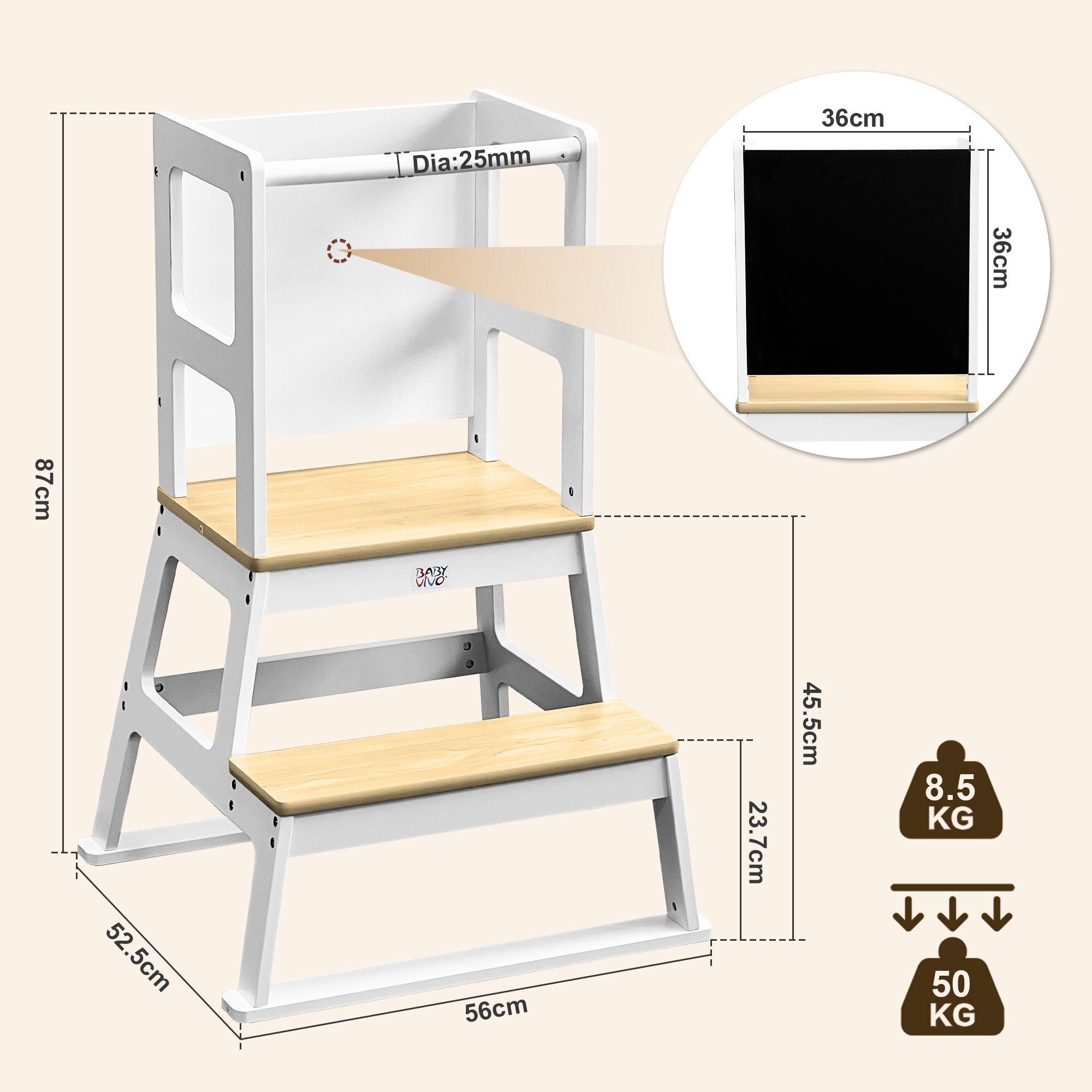 Baby Vivo Lernturm aus Holz - Mit Tafel in Weiß