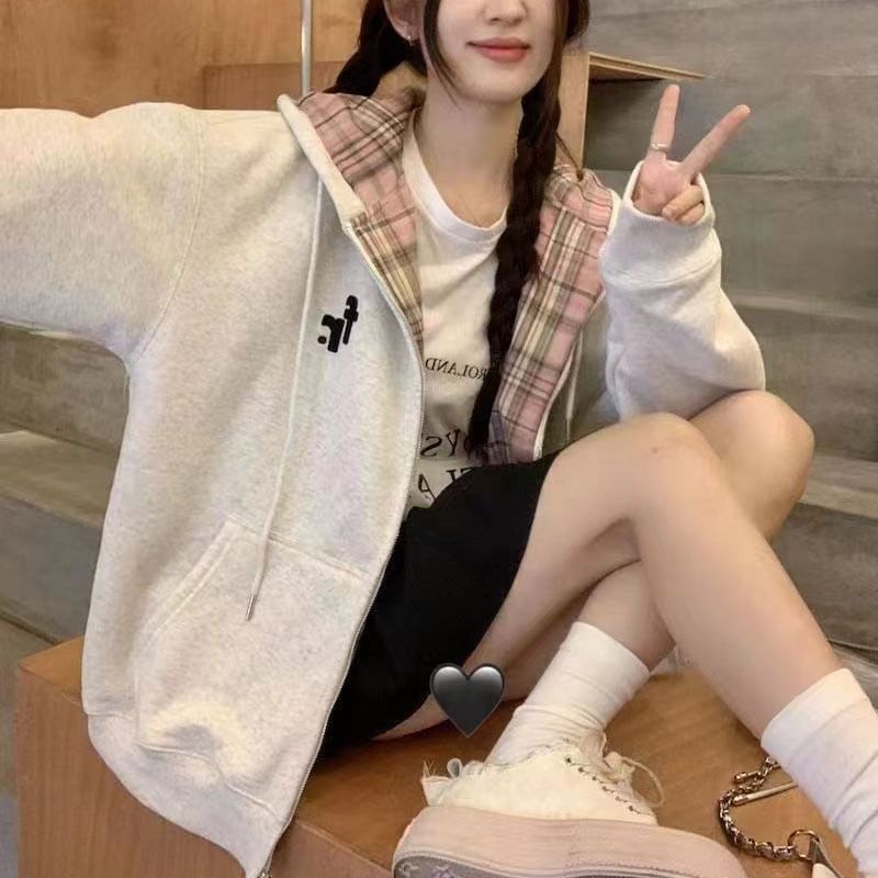Everose - Hoodie met trekkoord en geruit paneel en ritssluiting