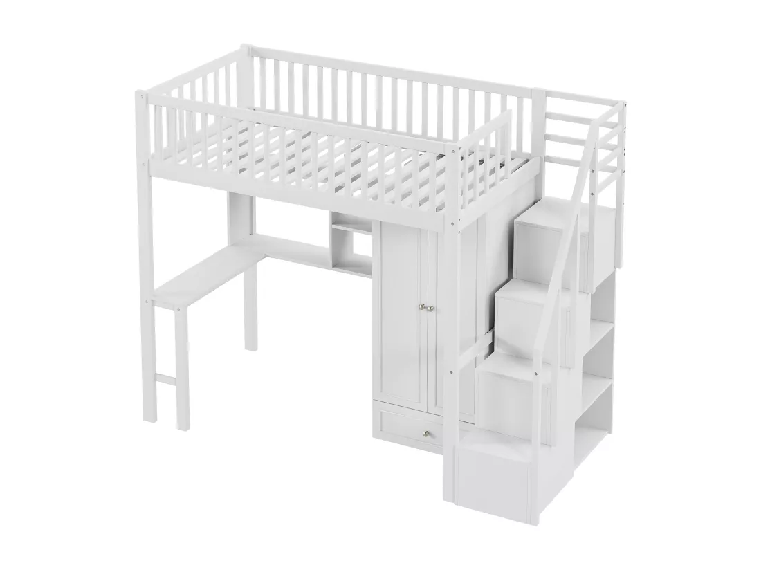 Lit mezzanine 90 x 200 cm avec grande armoire, bureau, bibliothèque, escalier et tiroirs, tout-en-un, Bois MDF, Blanc